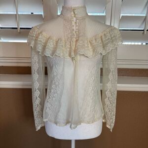 Vintage Gunne Sax M/L High Neck Victorian Lace Sheer Top Ivory Regal Fairycore